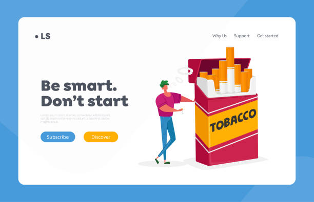 illustrazioni stock, clip art, cartoni animati e icone di tendenza di abitudine al fumo, modello di pagina di destinazione dipendenza da dipendenza da nicotina. piccolo personaggio maschile stare enorme scatola di sigarette e fumo - sigaretta immagine