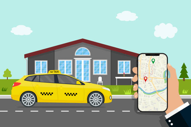 Uber delivery. App of call taxi. Car gps map of city. Smart navigator with roadmap in mobile. Service of fast online order taxi. Yellow car is parking on street town. Location in phone screen. Vector Uber delivery. App of call taxi. Car gps map of city. Smart navigator with roadmap in mobile. Service of fast online order taxi. Yellow car is parking on street town. Location in phone screen. Vector. uber driver stock illustrations