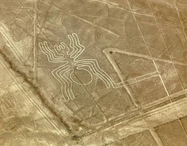 Spider geoglyph, Nazca or Nasca mysterious lines and geoglyphs aerial view, landmark in Peru