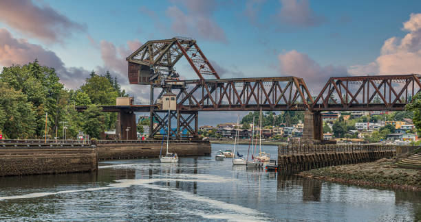 Salmon Bay Bridge in Ballard Locks Salmon Bay Bridge in Ballard Locks in Seattle ballard-seattle stock pictures, royalty-free photos & images