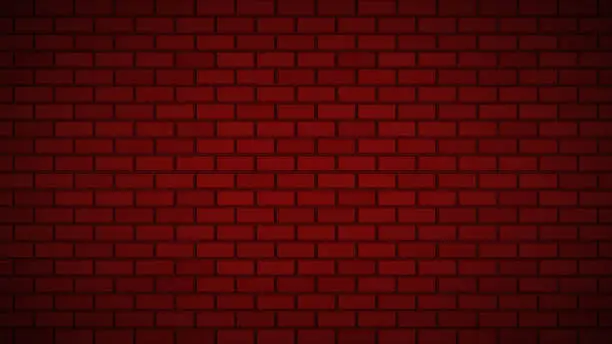 Red neon light on empty brick wall with copy space. Lighting effect red color glow on brick wall background