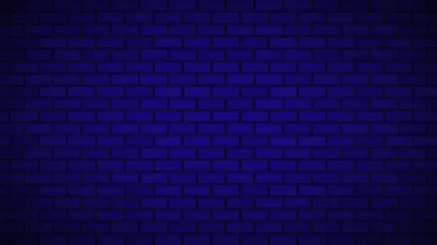 Photo of Blue neon light on empty brick wall with copy space