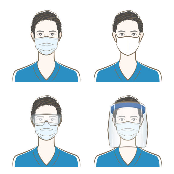 Prevention of virus infection, Mask, face shield, Man, Male upper body vector illustration nurse face shield stock illustrations