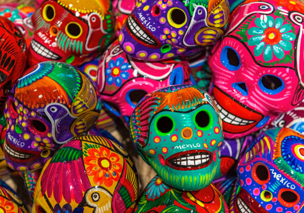 Skull Ceramic Handicraft, Mexico City Colorful Mexican skull ceramic handicraft for sale on a outdoor local art and craft market, Mexico City, Mexico. day of the dead photos stock pictures, royalty-free photos & images