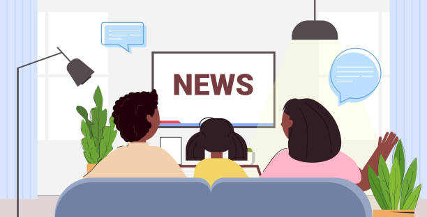 family watching TV discussing daily news program on television parents with daughter spending time together family watching TV discussing daily news program on television parents with daughter spending time together rear view portrait horizontal vector illustration kids watching tv stock illustrations
