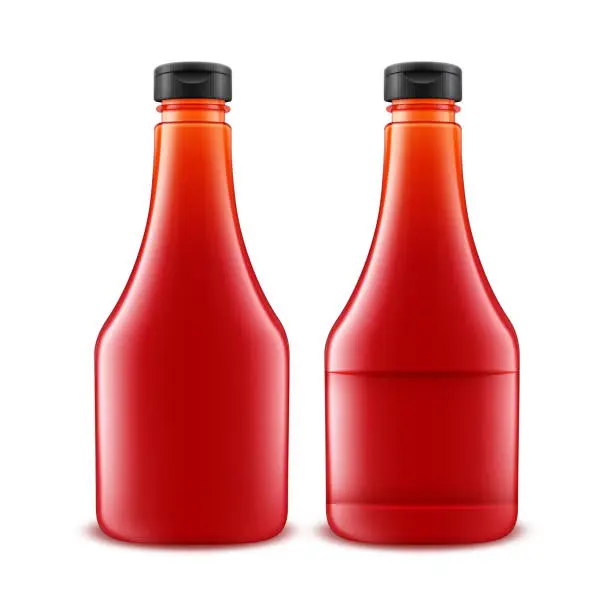 Vector illustration of Vector Set of Blank Glass Plastic Red Tomato Ketchup Bottle for Branding without label Isolated on White Background