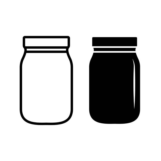 illustrazioni stock, clip art, cartoni animati e icone di tendenza di mason jar vetro contenitore linea arte vettore icona. bottiglia di medicina e icona pillola. vaso in barattolo di muratura. - vaso