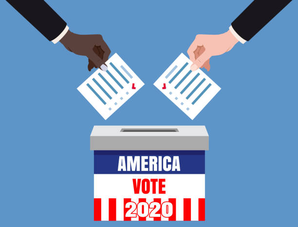 istock The US presidential election 2020. Hands putting voting blancs papers in vote box, ballot campaign. Vector isolated illustration 1261076586