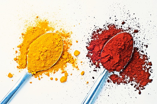 Yellow and Red - Food coloring powder in spoons.