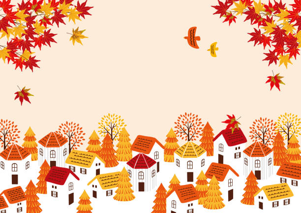 ilustraciones, imágenes clip art, dibujos animados e iconos de stock de ilustración de fondo de paisaje urbano de otoño - autumn leaf white background land