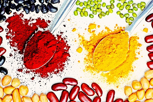 Yellow and Red - Food coloring powder in spoons.