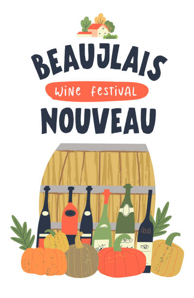 Autumn festival of young wine in France Beaujolais Nouveau. Vector illustration on a white background. Autumn November festival of young wine in France Beaujolais Nouveau. Vector illustration with bottles of young wine, a wine barrel, bright orange pumpkins and autumn leaves. katt halloween stock illustrations