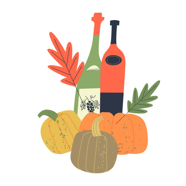 Vector illustration with bottles of young wine, bright orange pumpkins and autumn leaves. Vector illustration with bottles of young wine, bright orange pumpkins and autumn leaves. Elements of an illustration for the harvest festival or Beaujolais Nouveau. katt halloween stock illustrations