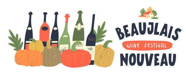 Autumn festival of young wine in France Beaujolais Nouveau. Vector illustration on a white background. Autumn November festival of young wine in France Beaujolais Nouveau. Vector illustration with bottles of young wine, bright orange pumpkins and autumn leaves. katt halloween stock illustrations