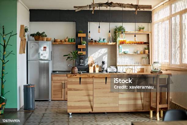 Apartment Kitchen In Modern Rustic Style Stock Photo - Download Image Now - Kitchen, Rustic, Indoors