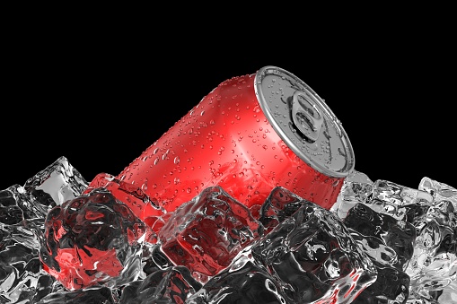 Red soft drink can on the ice 3D illustration