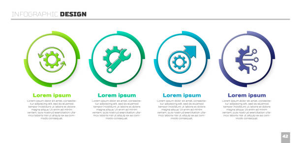 ilustrações de stock, clip art, desenhos animados e ícones de set gear and arrows as workflow, wrench spanner and gear, gear and arrows as workflow process and algorithm. business infographic template. vector - gear wheel arrow sign multi colored