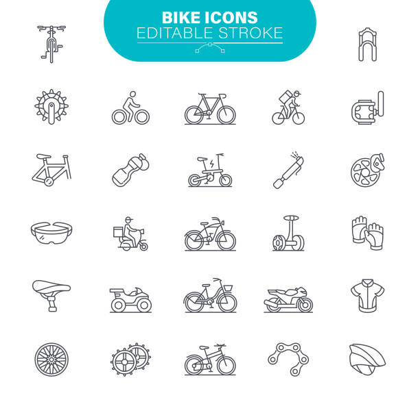 illustrazioni stock, clip art, cartoni animati e icone di tendenza di icone bici tratto modificabile. bicicletta, vettore, simbolo, ingranaggio, illustrazione - bicicletta elettrica