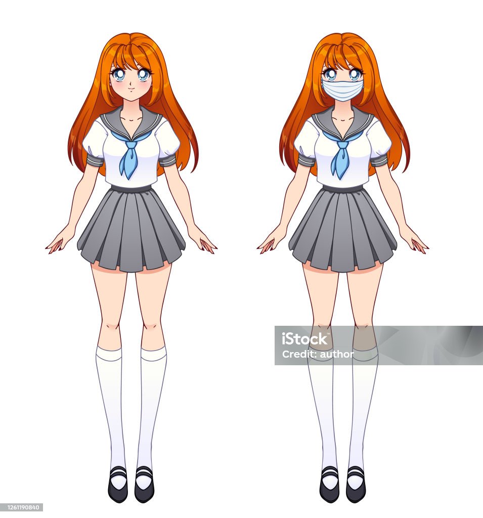 Set Of Two Anime Girls Cute Girls With Big Eyes And Wearing Japanese School  Uniform And Medical Mask Hand Drawn Vector Illustration Isolated On White  Stock Illustration - Download Image Now - iStock