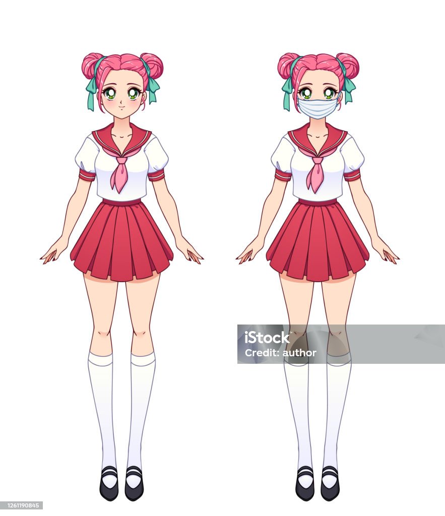 Set Of Four Anime Icons With Girls Stock Illustration - Download
