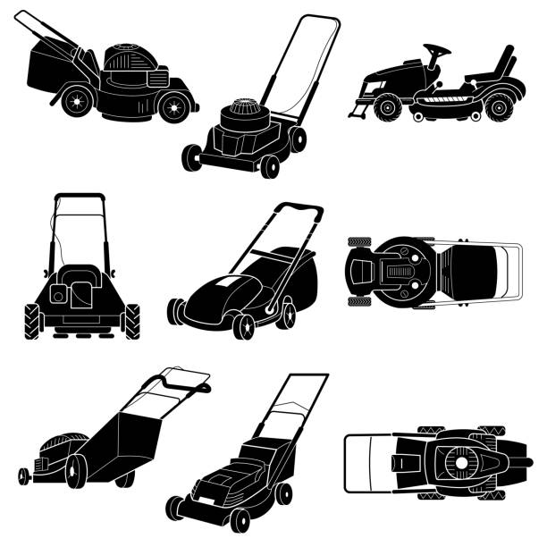 Lawnmower icon set, simple style Lawnmower icon set. Simple set of lawnmower vector icons for web design on white background mower blade stock illustrations