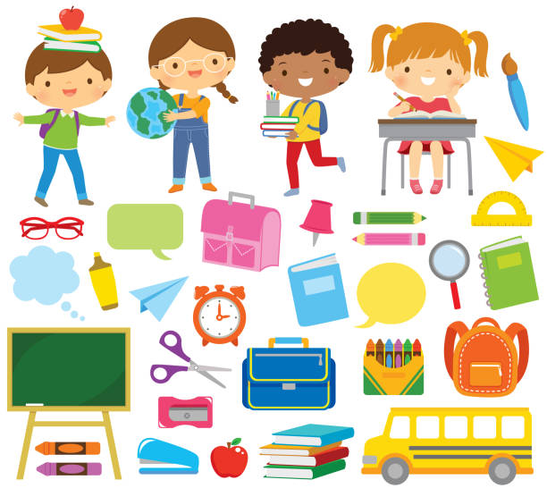 ilustraciones, imágenes clip art, dibujos animados e iconos de stock de los niños de la escuela y la escuela clipart - elementary student