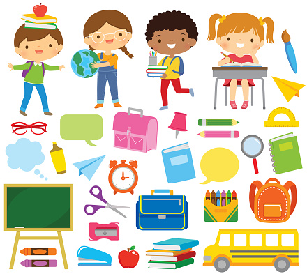 School kids and school supplies clipart set. Blackboard, notebooks, pencils and other school related items, over white background.