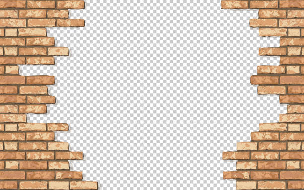 Realistic Vector broken brick wall horizontal transparent background. Hole in flat bown wall texture. Yellow textured brickwork for print, design, decor, background Realistic Vector broken brick wall horizontal transparent background. Hole in flat bown wall texture. Yellow textured brickwork for print, design, decor, background. brick wall stock illustrations