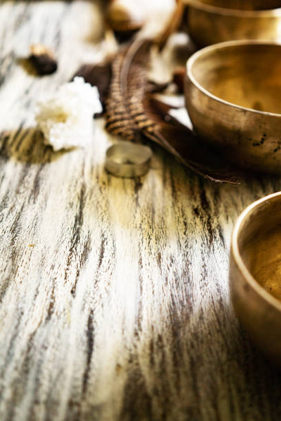 istock silent meditation tea ceremony with singing bowls on wooden table background 1261198072