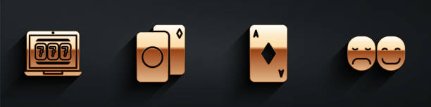 illustrations, cliparts, dessins animés et icônes de set ordinateur portable et machine à sous, jeu de cartes à jouer, carte à jouer avec diamants et icône joueur de poker avec une longue ombre. vecteur - silhouette poker computer icon symbol