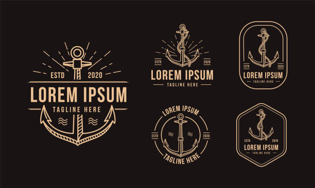 ilustraciones, imágenes clip art, dibujos animados e iconos de stock de conjunto de plantillas de ilustración vectorial de icono de icono de ancla de anclaje retro vintage moderno - embarcación marina