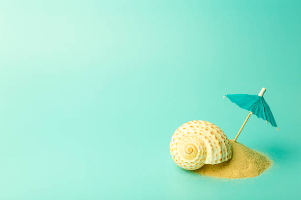 istock Vacation, summer, relaxation and sea concept background. Minimal creative composition with sand and umbrella on a colored clean background. 1261219940