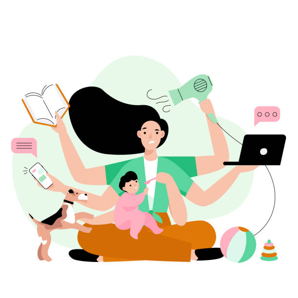 ilustrações, clipart, desenhos animados e ícones de mãe ocupada fazendo muito trabalho em casa. mãe estressada com seis mãos mantendo laptop, livro, telefone, secador de cabelo e alimentando seu filho. - effort