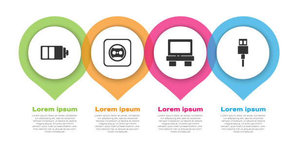 ilustrações, clipart, desenhos animados e ícones de defina o indicador de nível de carga da bateria, tomada elétrica, fusível e cabo usb. modelo infográfico de negócios. vetor - electric plug outlet electricity cable