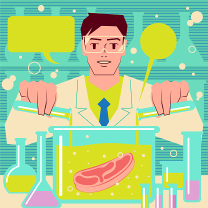 Genetically Modified Food vector art illustration.
Scientist (engineer, biochemist) making cultured meat (artificial meat, in vitro meat, lab-grown burger) in laboratory. Genetic engineering, genetic modification, GMO and gene manipulation concept.