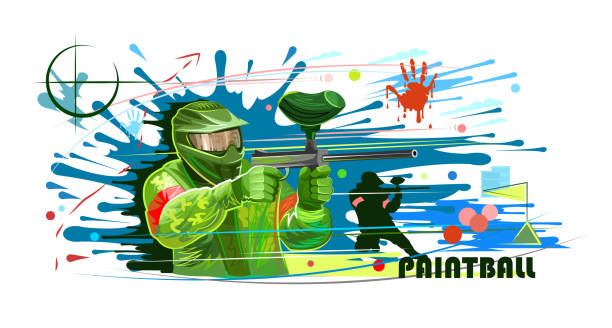 Paintball player in mask vector. Team battle. Ball paint. Weapons in battle. Blots and splashes. Banner for a white light T-shirt, advertising. Paint ball teams compete with pistols. Sport Club. Paintball player in mask vector. Team battle. Ball paint. Weapons in battle. Blots and splashes. Banner for a white light T-shirt, advertising. Paint ball teams compete with pistols. Sport Club. paintballing stock illustrations