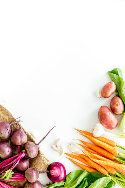 Healthy food. Vegetables - carrot, beet, potato - top view frame copy space stock photo