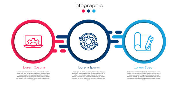 ilustraciones, imágenes clip art, dibujos animados e iconos de stock de establecer línea portátil y engranaje, flechas de engranajes como flujo de trabajo y lápiz de papel gráfico. plantilla infográfica de negocio. vector - flowchart symbol computer icon icon set