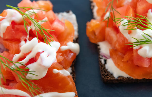 istock Cured salmon with wasabi mayonnaise on malt bread 1261255780