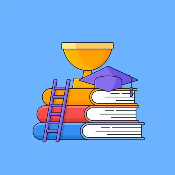 Vector illustration of Book stack with ladder and toga hat and gold shiny trophy on top for success graduated educational stage on collage vector illustration. simple outline cartoon style design
