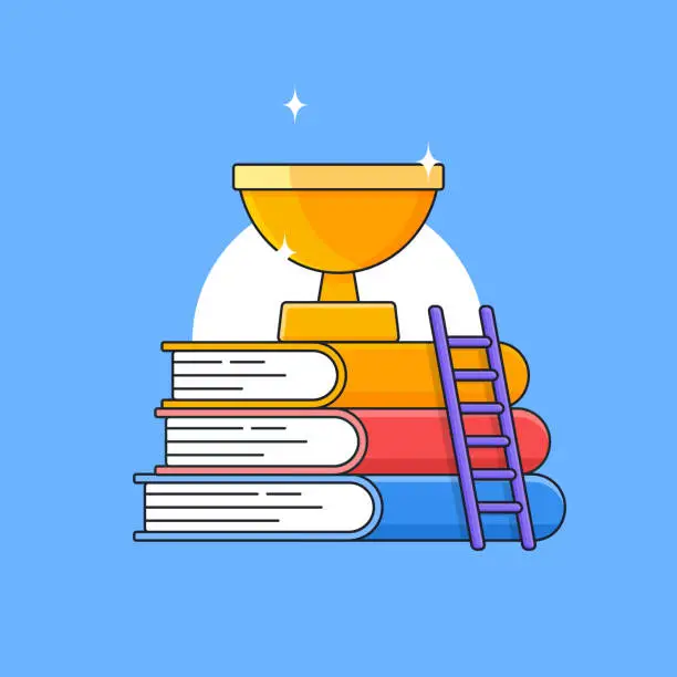 Vector illustration of Book stack with ladder and gold shiny trophy on top for success educational stage vector illustration. simple outline cartoon style design