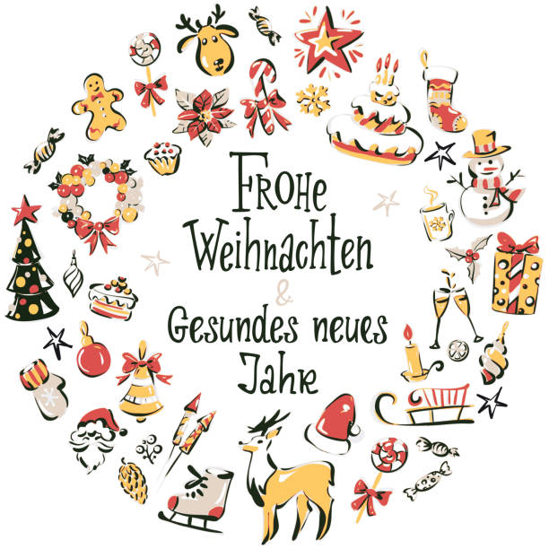 almanca "mutlu noeller ve mutlu bir yeni yıl" yazımı ile el çizilmiş noel simgeleri çelenk - weihnachten stock illustrations