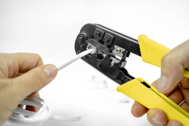 internet or telephone line cables and crimper, Twisting Cable Tool Twisted Pair Ethernet UTP Cat 5, Crimping RJ45 LAN cable, Stepping to crimping RJ45 connector
