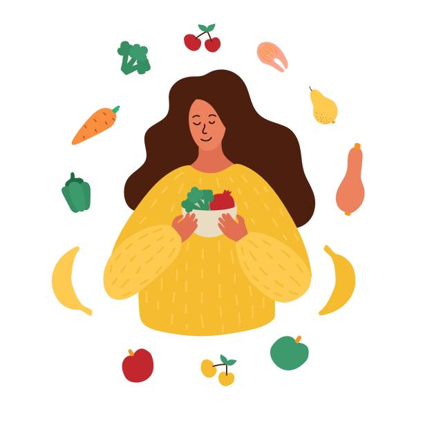 young woman holding a deep plate with vegetables in her hands. The concept of proper nutrition, diet, healthy lifestyle. Nutrition during pregnancy. Hand drawing vector illustration. young woman holding a deep plate with vegetables in her hands. Vegetables are around. The concept of proper nutrition, diet, healthy lifestyle. Nutrition during pregnancy. Hand drawing vector illustration perfect pear stock illustrations