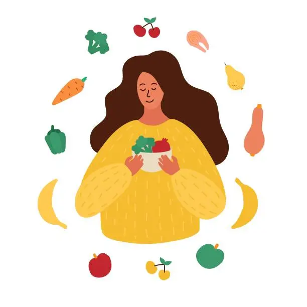 Vector illustration of young woman holding a deep plate with vegetables in her hands. The concept of proper nutrition, diet, healthy lifestyle. Nutrition during pregnancy. Hand drawing vector illustration.