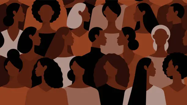 Vector illustration of Black people. Crowd of people. Group of beautiful women with different hairstyle and clothes. Modern vector illustration.