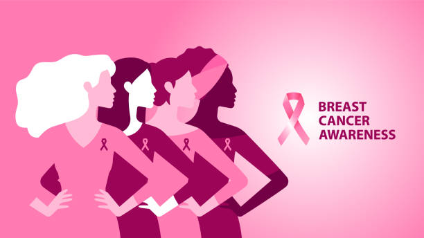 brustkrebs-bewusstsein. rosa banner. verschiedene frauen bleiben zusammen auf rosa hintergrund mit rosa band. das konzept der unterstützung, information und sanften hilfe. moderne vektor-illustration. - breast cancer awareness stock-grafiken, -clipart, -cartoons und -symbole