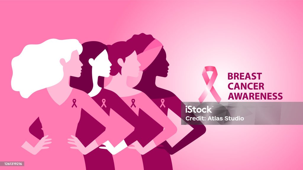 Breast Cancer Awareness. Pink banner. Different Women stay together on pink background with Pink ribbon. The concept of support, information and gentle help. Modern vector illustration. Pink Color stock vector