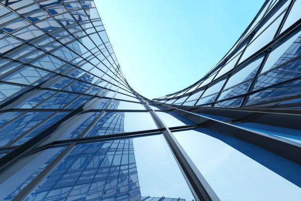 istock Abstract futuristic architecture, Skyscraper glass office building. 3D render. 1261325714