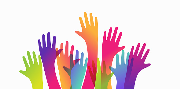 Colorful up hands. Charity teamwork vector concept illustration